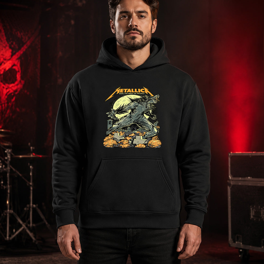 Metallica 2026 Halloween T-shirt by WolfSkullJack featuring a roaring werewolf beneath a full moon with pumpkins, graveyard crosses, bats and Seek The Wolf In Thyself artwork.
