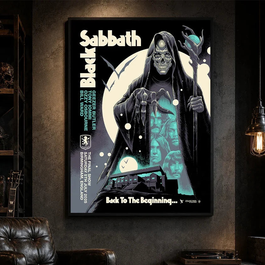 Black Sabbath Back To The Beginning poster canvas by Luke Preece showing a hooded skeletal grim reaper, moon, bats, glowing staff, Villa Park stadium scene, Birmingham England event text and original lineup portraits.