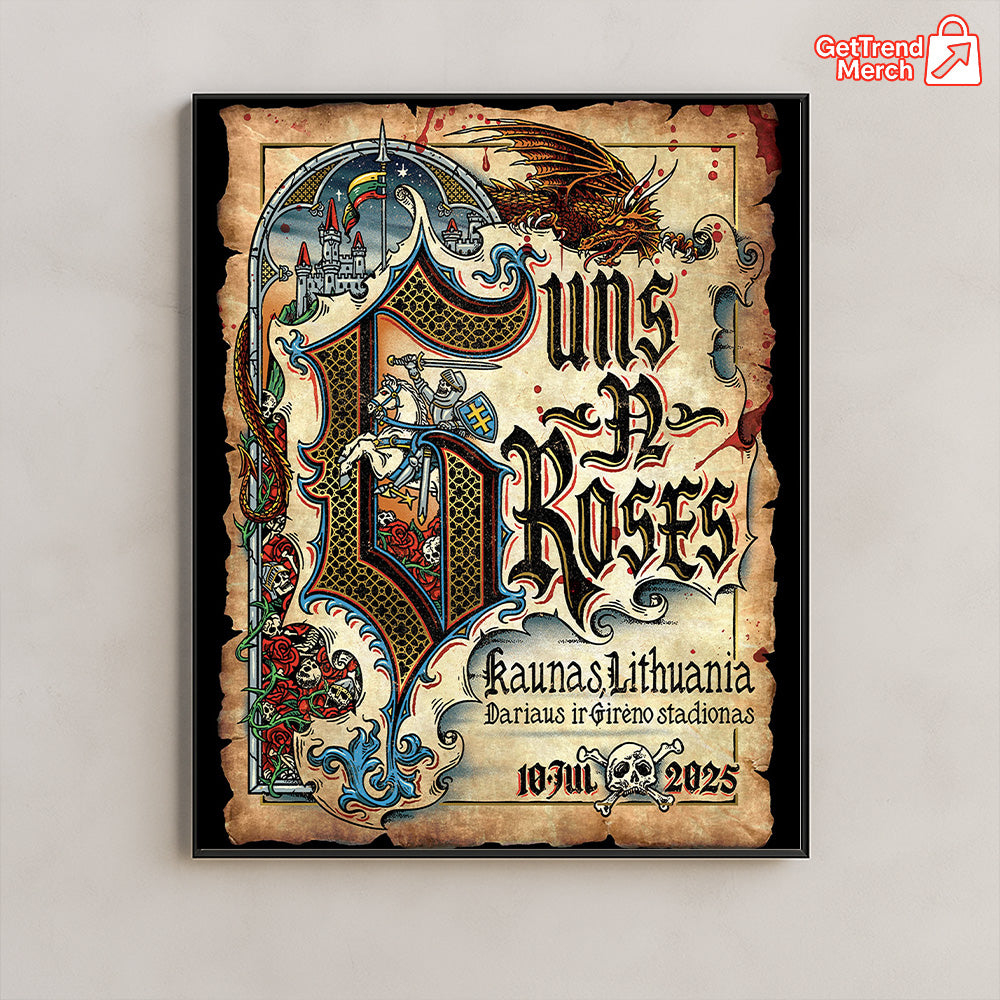 Guns N' Roses Kaunas 2025 Medieval Knight Dragon Poster & Canvas - Merch Collect
