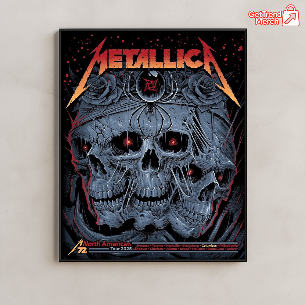 Metallica M72 2025 3 Skulls & Black Widow Featuring All Cities Poster & Canvas - Merch Collect