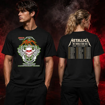 Metallica Life Burns Faster October 2 2026 The Stadium at The Palazzo Las Vegas United States 2 side T-shirt by Squindo featuring The Art of Squindo skull, curling tentacles, red graphics, electric green details and event-inspired back print.