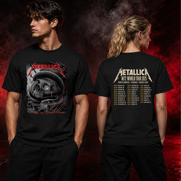 Metallica M72 World Tour May 3 2025 Nissan Stadium Nashville Tennessee United States 2 side T-shirt by Maxx242 featuring a black serpent coiled around a weathered skull, graveyard silhouettes and M72 tour back print.