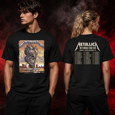 Metallica M72 World Tour Life Burns Faster October 8 and 10 2026 Sphere Las Vegas United States 2 Side T-Shirt featuring Skull Tornado artwork above a desert graveyard with Las Vegas skyline and M72 World Tour back graphic.