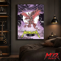 Metallica M72 World Tour June 13 2026 Budapest Hungary Puskás Aréna poster canvas featuring winged beast, storm clouds, lightning, full moon, gothic city scenery, and heavy metal artwork