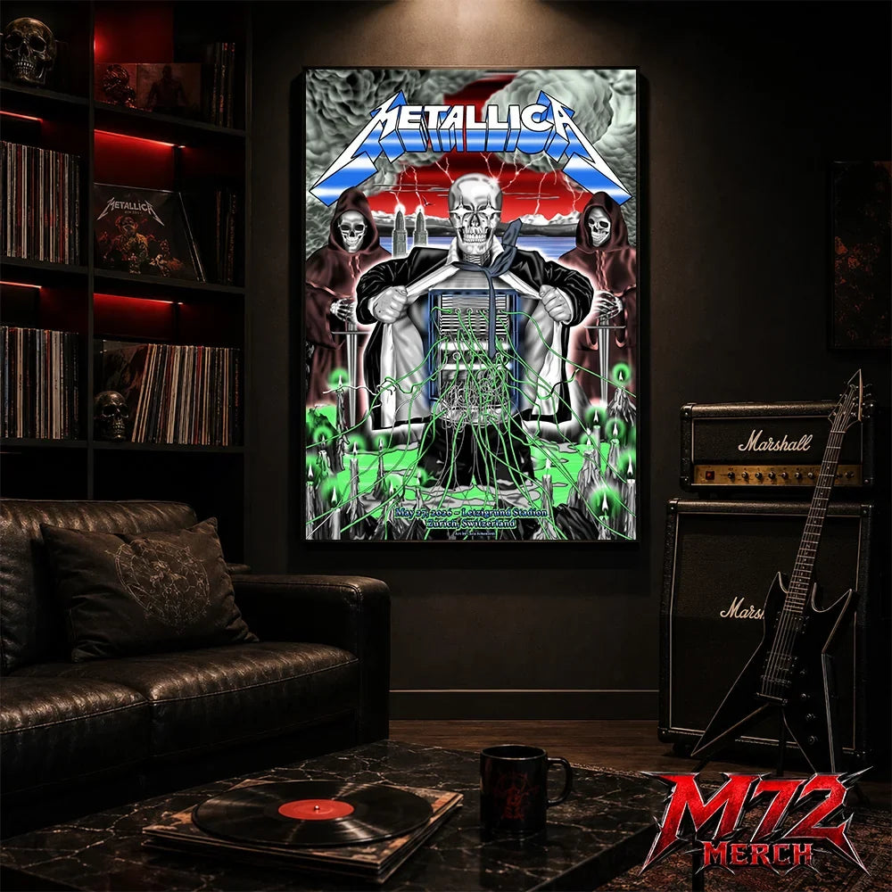 Metallica M72 World Tour May 27 2026 Zurich Switzerland Stadion Letzigrund poster canvas featuring artwork by Luca Schenardi with skeletal figure, storm clouds, green wires, candles, and dark concert art