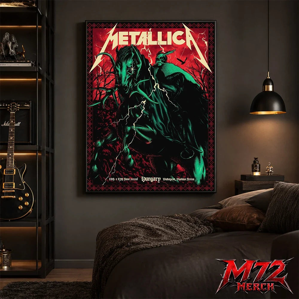 Metallica World Tour M72 June 11 & 13 2026 Budapest Hungary Puskás Aréna Horseman Lightning Canvas Poster