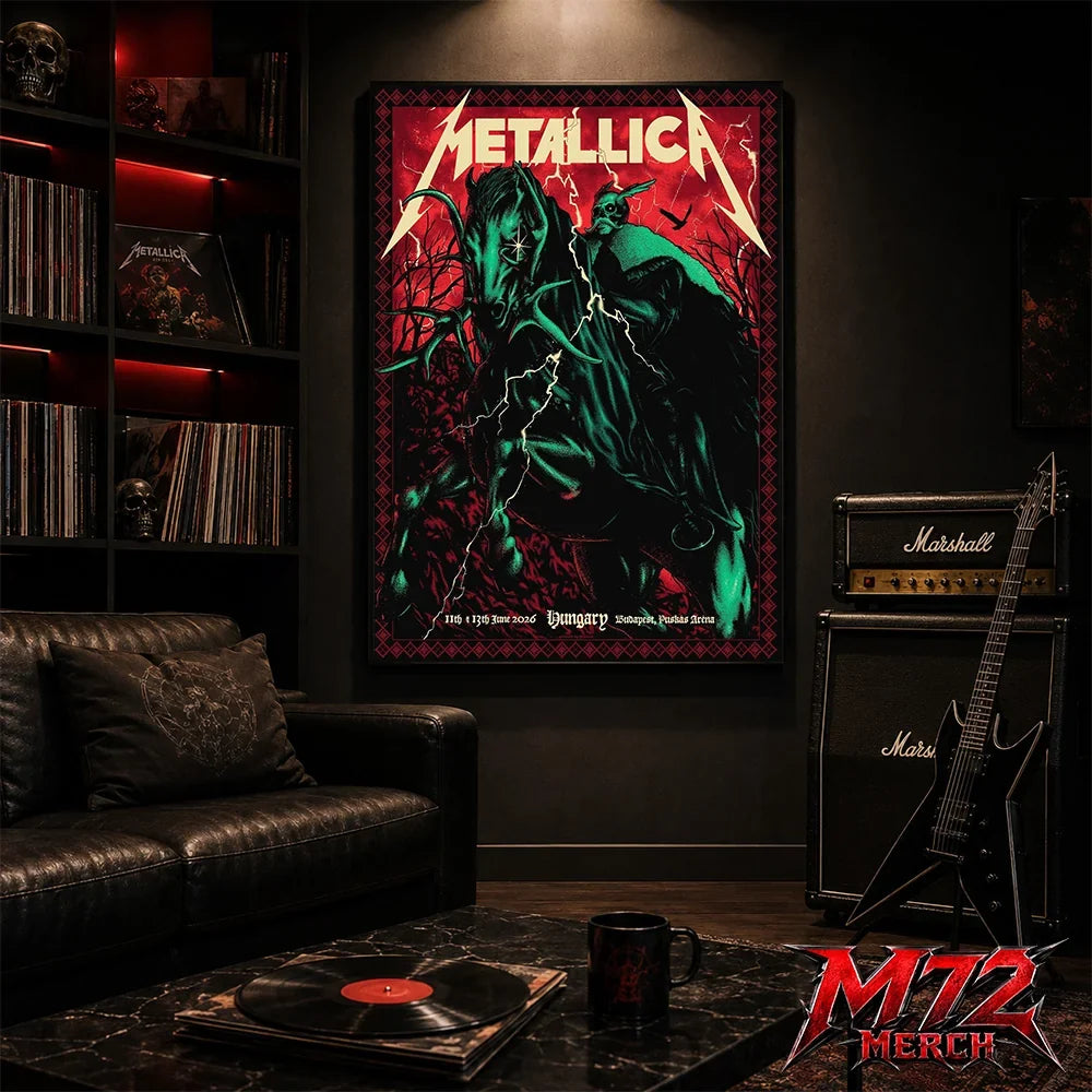 Metallica World Tour M72 June 11 & 13 2026 Budapest Hungary Puskás Aréna Horseman Lightning Canvas Poster