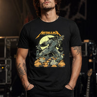 Metallica 2026 Halloween T-shirt by WolfSkullJack featuring a roaring werewolf beneath a full moon with pumpkins, graveyard crosses, bats and Seek The Wolf In Thyself artwork.