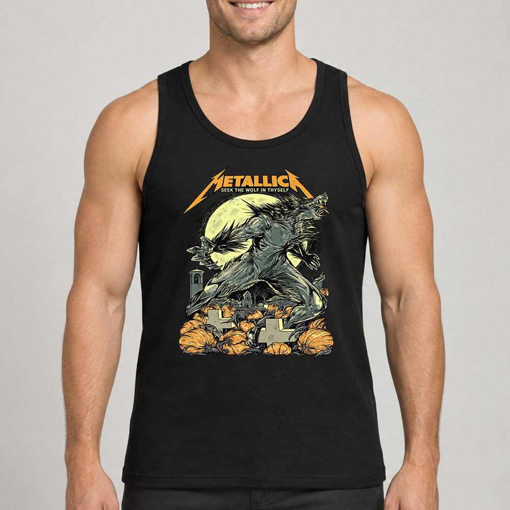 Metallica 2026 Halloween T-shirt by WolfSkullJack featuring a roaring werewolf beneath a full moon with pumpkins, graveyard crosses, bats and Seek The Wolf In Thyself artwork.