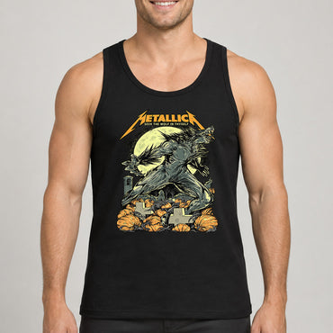 Metallica 2026 Halloween T-shirt by WolfSkullJack featuring a roaring werewolf beneath a full moon with pumpkins, graveyard crosses, bats and Seek The Wolf In Thyself artwork.