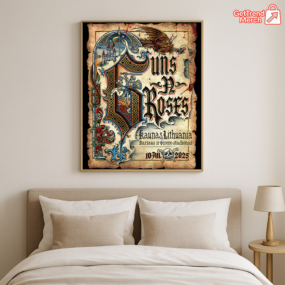 Guns N' Roses Kaunas 2025 Medieval Knight Dragon Poster & Canvas - Merch Collect