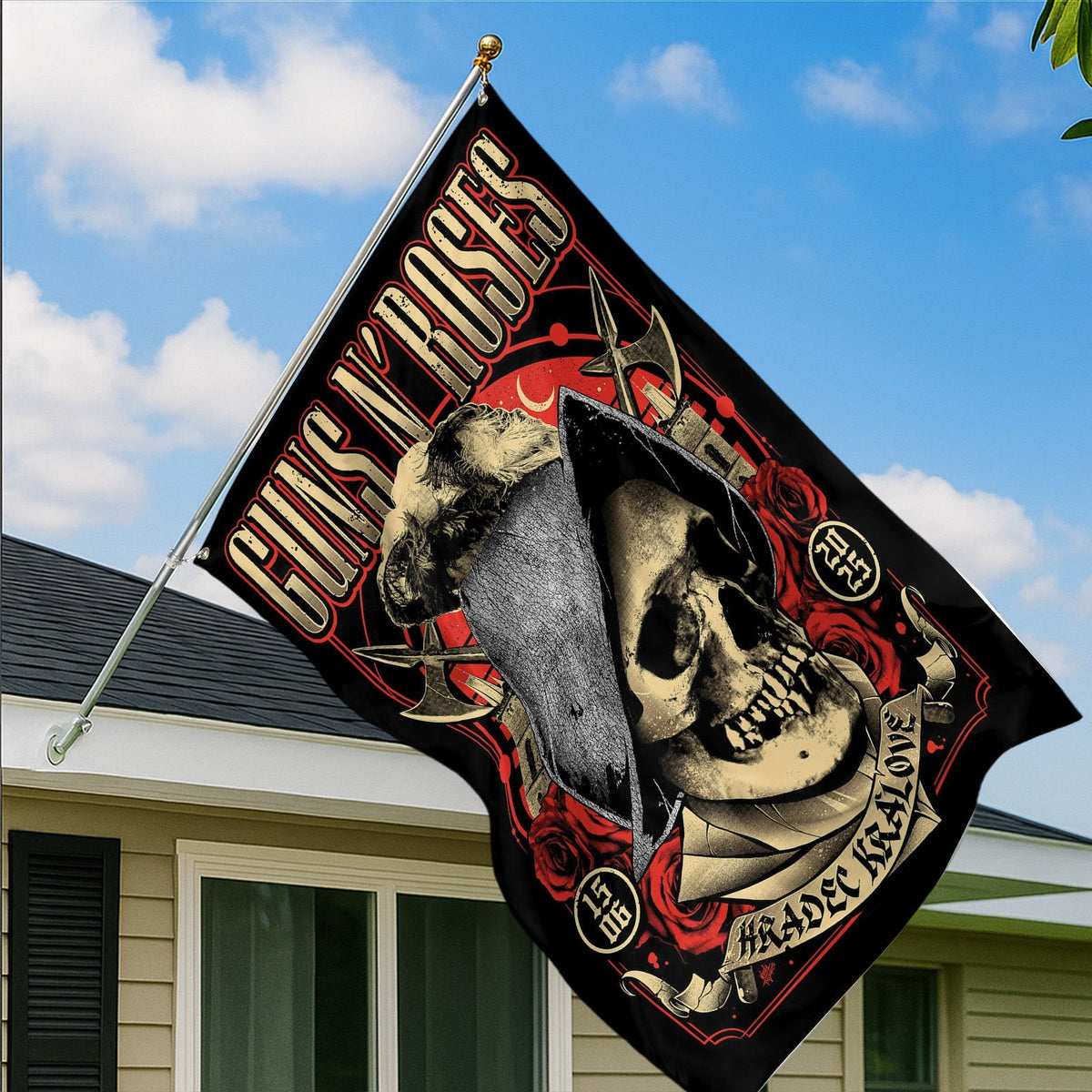Guns N' Roses Hradec Králové 2025 Skull Rose House Flag - Merch Collect
