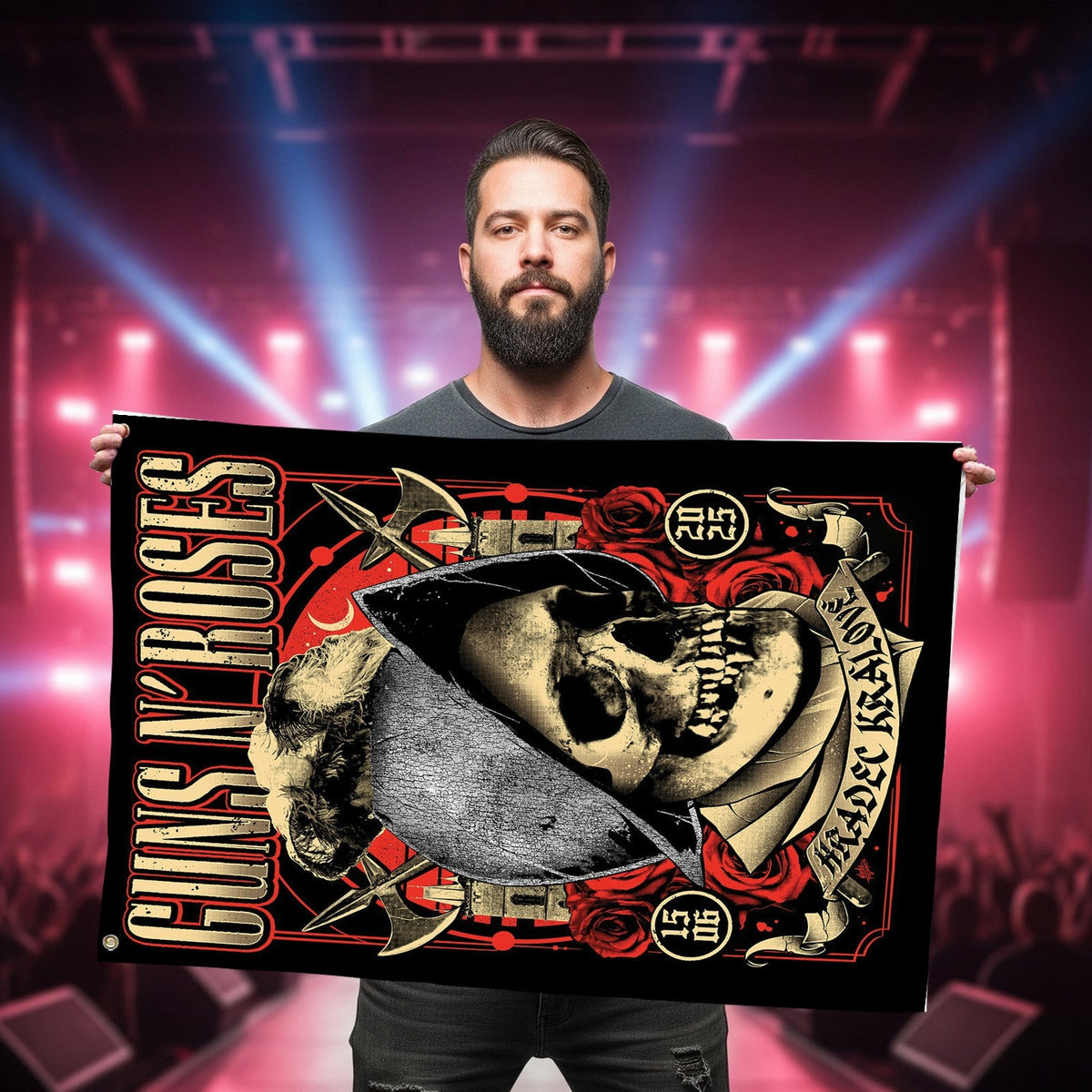 Guns N' Roses Hradec Králové 2025 Skull Rose House Flag - Merch Collect