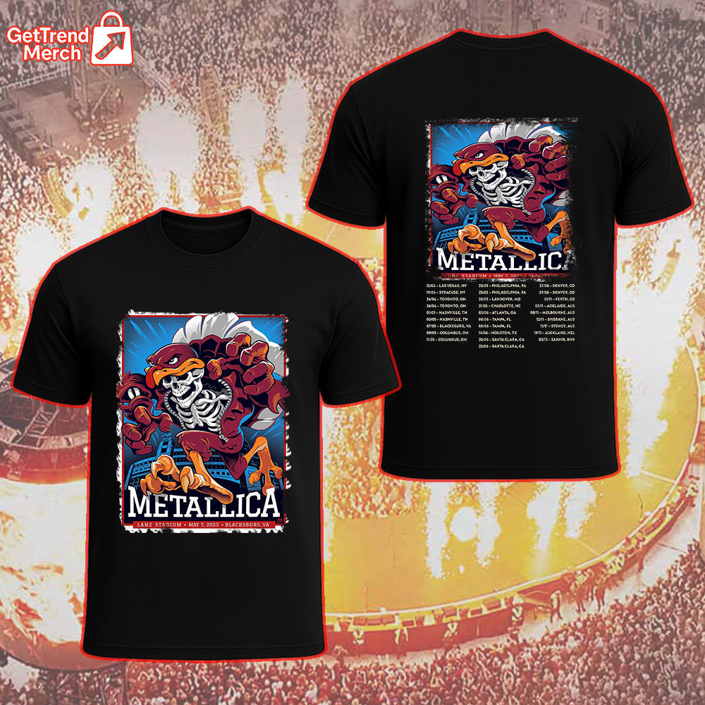 Metallica M72 Blacksburg 2025 Firebeast Skullchain "Hokie Reaper" Setlist Graphic T-Shirt - Merch Collect