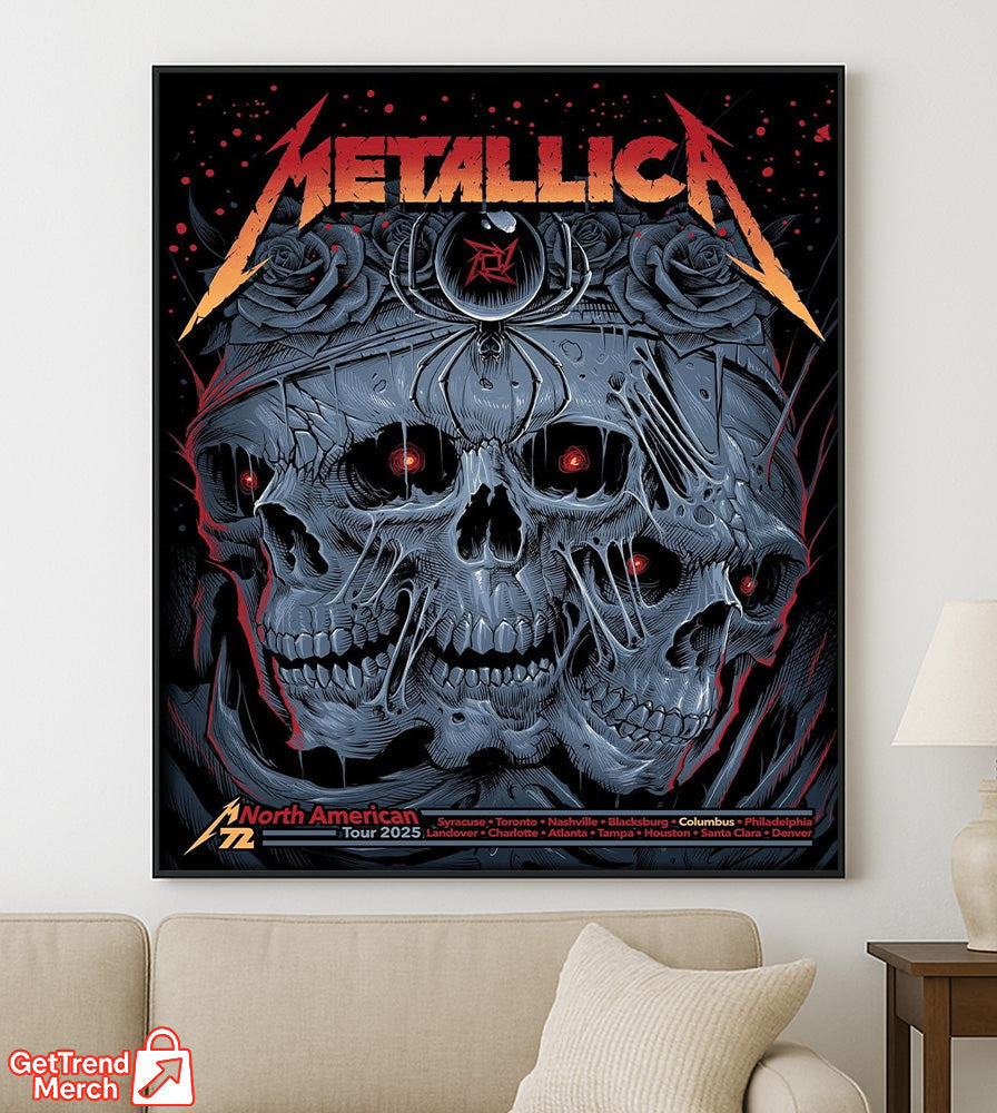 Metallica M72 2025 3 Skulls & Black Widow Featuring All Cities Poster & Canvas - Merch Collect