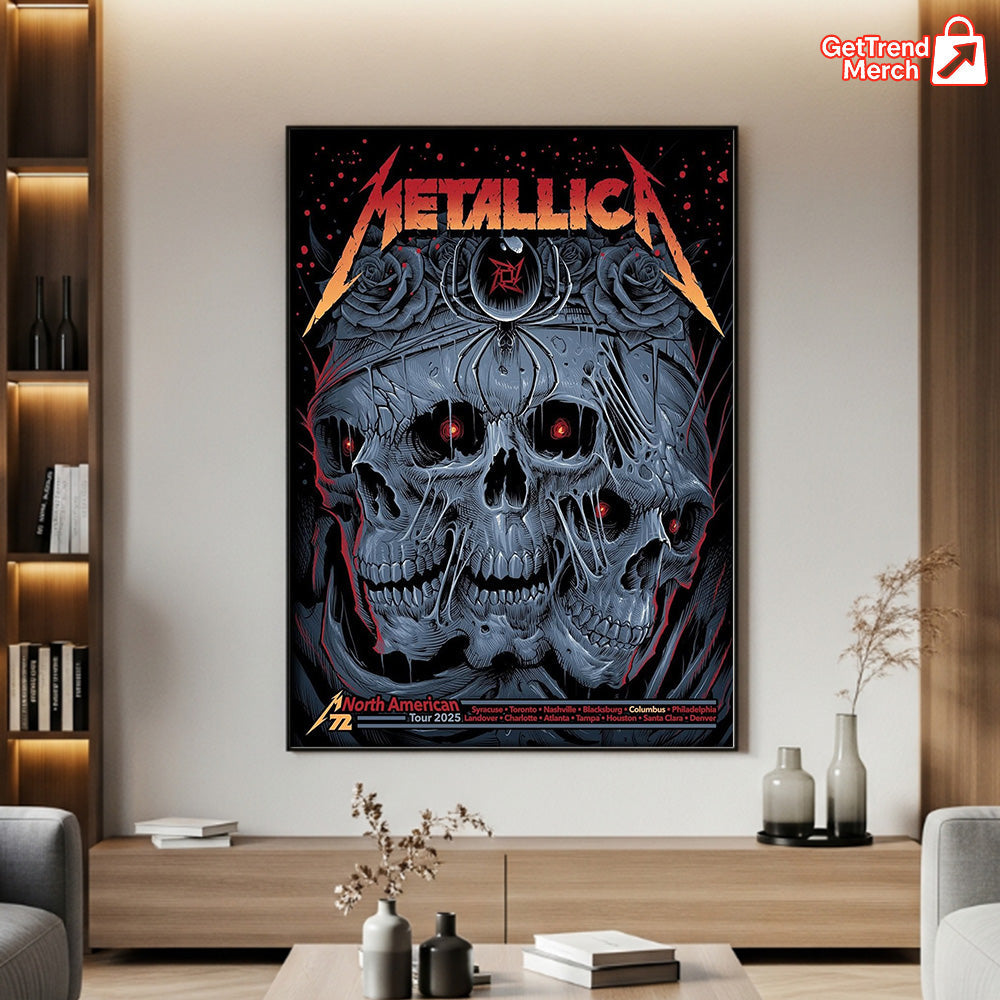 Metallica M72 2025 3 Skulls & Black Widow Featuring All Cities Poster & Canvas - Merch Collect