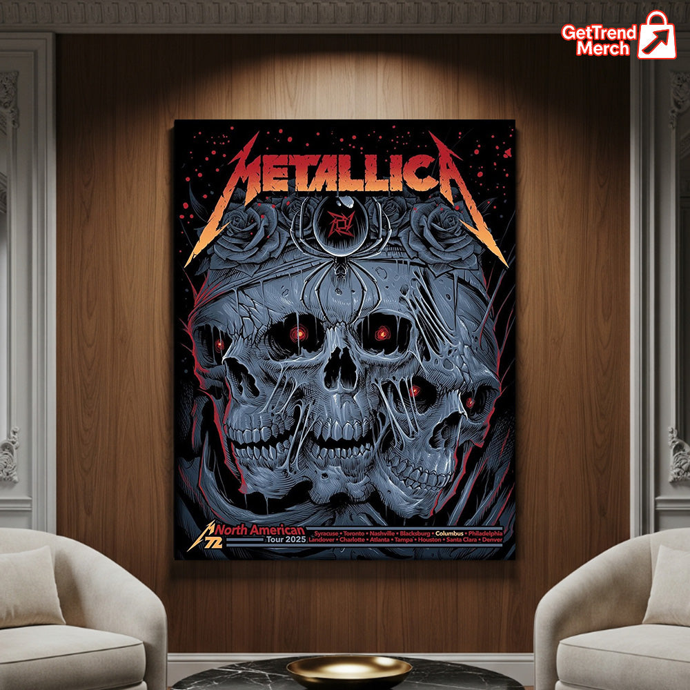 Metallica M72 2025 3 Skulls & Black Widow Featuring All Cities Poster & Canvas - Merch Collect