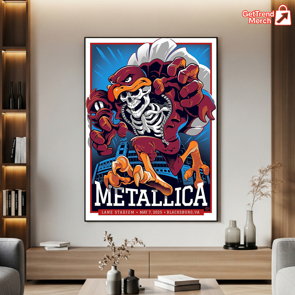 Metallica M72 Blacksburg 2025 Hokie Skeleton Mascot, Lane Stadium Show Poster & Canvas - Merch Collect