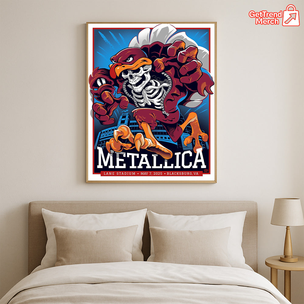 Metallica M72 Blacksburg 2025 Hokie Skeleton Mascot, Lane Stadium Show Poster & Canvas - Merch Collect