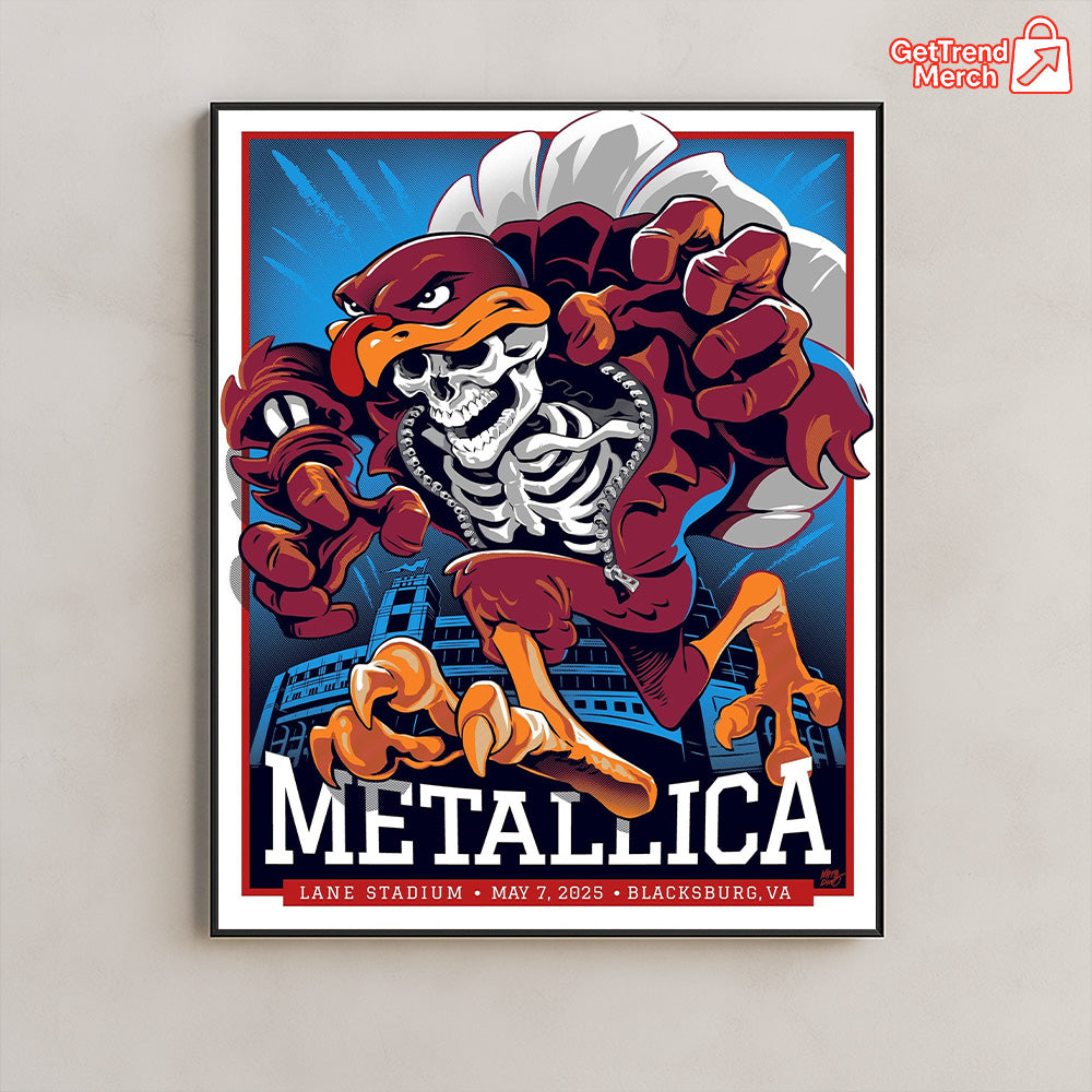 Metallica M72 Blacksburg 2025 Hokie Skeleton Mascot, Lane Stadium Show Poster & Canvas - Merch Collect
