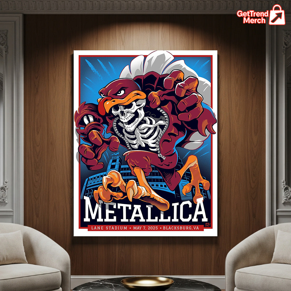 Metallica M72 Blacksburg 2025 Hokie Skeleton Mascot, Lane Stadium Show Poster & Canvas - Merch Collect