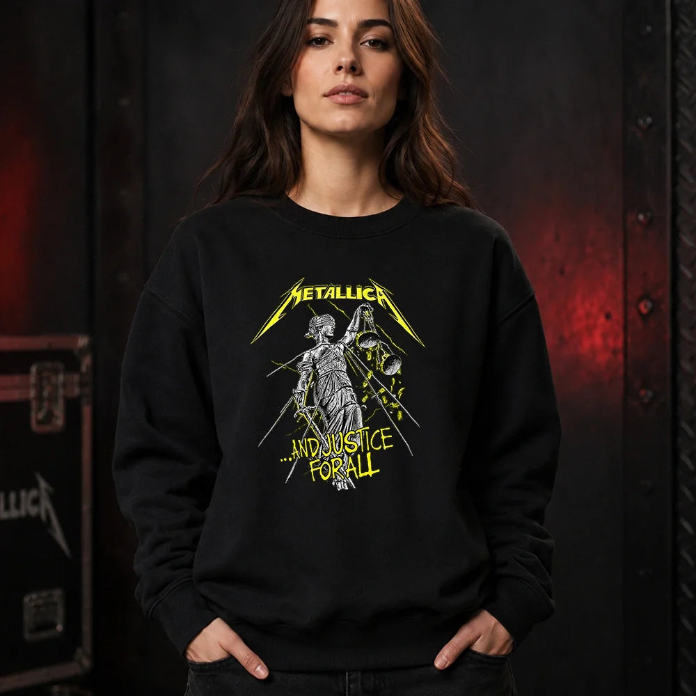Metallica ...And Justice For All T-shirt featuring blindfolded Lady Justice holding scales and sword with distressed yellow Metallica logo on a black shirt.