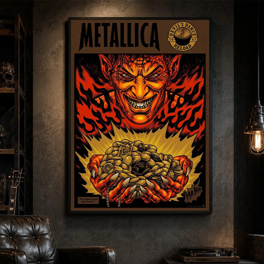 Metallica Devil's Dance Reload 1997 poster canvas featuring a sinister demon surrounded by flames, mysterious relics, treasure, vintage heavy metal artwork, and classic Reload era design
