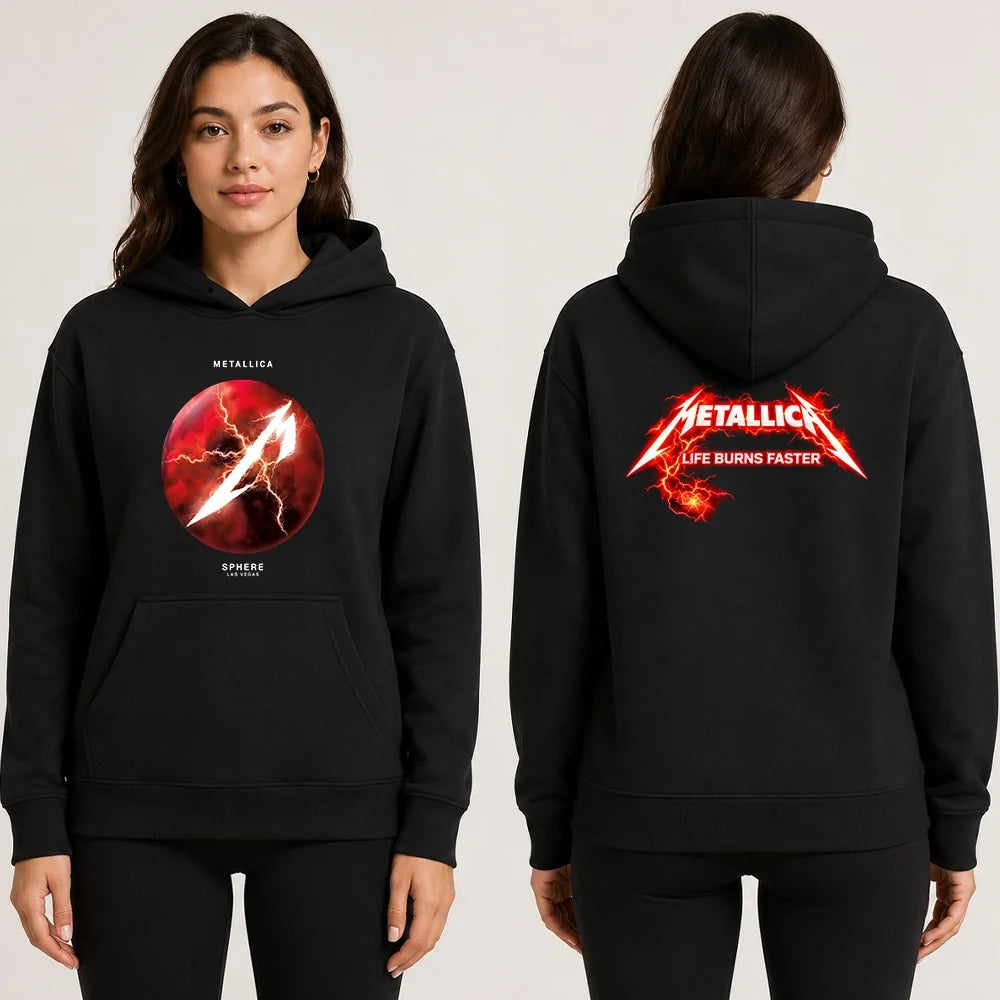 Metallica Life Burns Faster 2026 Sphere Las Vegas United States 2 Side T-Shirt featuring a glowing red Lightning Sphere graphic on the front and electrified Metallica Life Burns Faster logo on the back.
