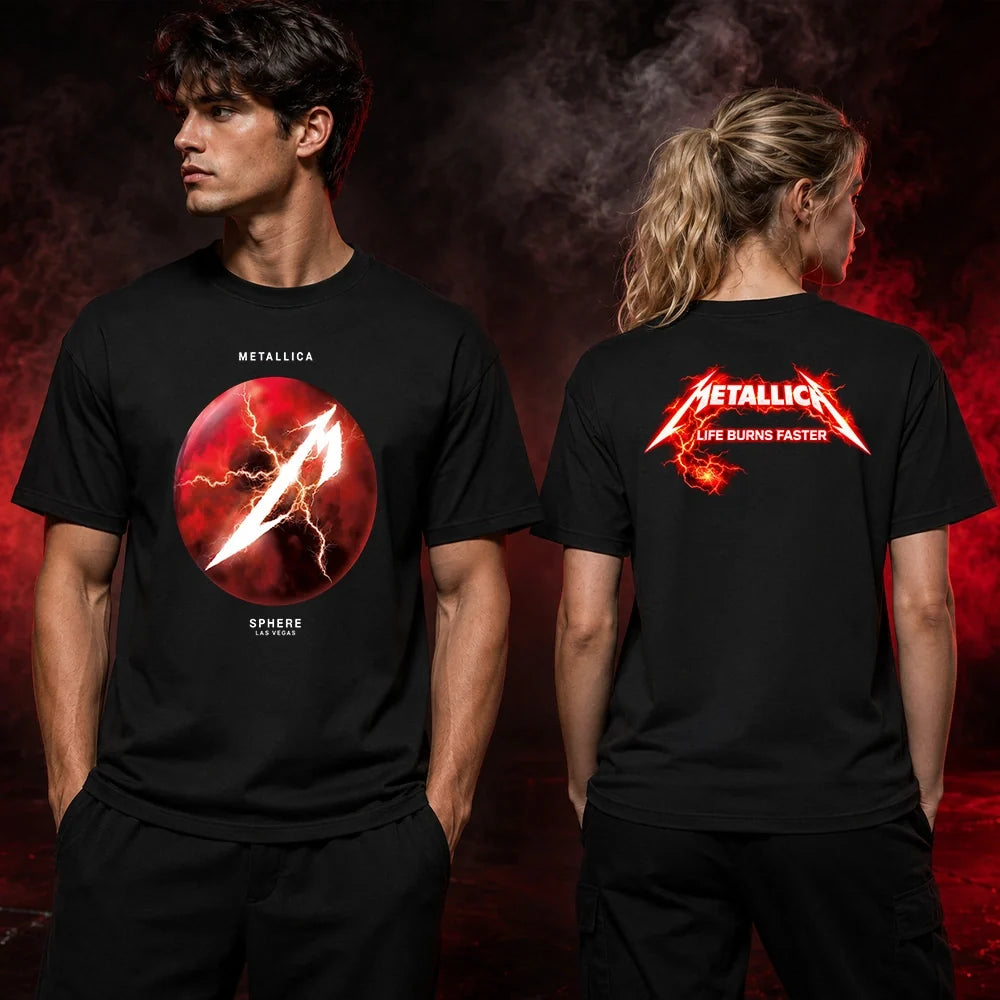 Metallica Life Burns Faster 2026 Sphere Las Vegas United States 2 Side T-Shirt featuring a glowing red Lightning Sphere graphic on the front and electrified Metallica Life Burns Faster logo on the back.