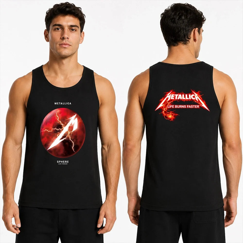 Metallica Life Burns Faster 2026 Sphere Las Vegas United States 2 Side T-Shirt featuring a glowing red Lightning Sphere graphic on the front and electrified Metallica Life Burns Faster logo on the back.