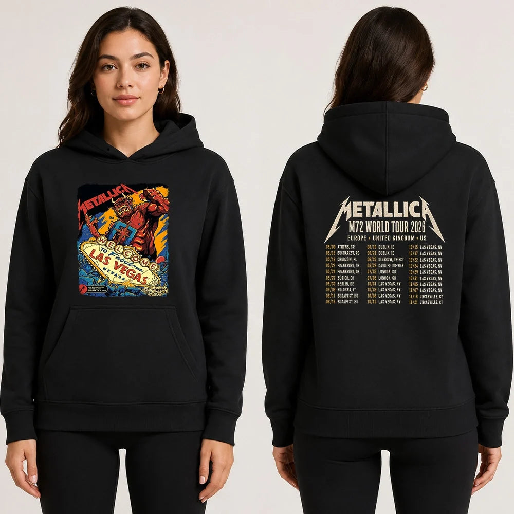 Metallica Life Burns Faster October 1 and 3 2026 Sphere Las Vegas Nevada United States 2 side T-shirt by Puis Calzada featuring a giant red demon destroying the Welcome to Fabulous Las Vegas sign amid rubble, flames and skulls with event-inspired back print.