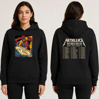 Metallica Life Burns Faster October 1 and 3 2026 Sphere Las Vegas Nevada United States 2 side T-shirt by Puis Calzada featuring a giant red demon destroying the Welcome to Fabulous Las Vegas sign amid rubble, flames and skulls with event-inspired back print.