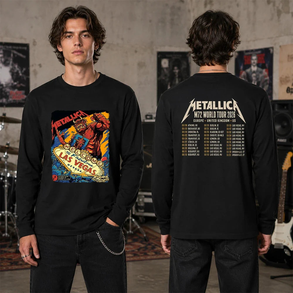 Metallica Life Burns Faster October 1 and 3 2026 Sphere Las Vegas Nevada United States 2 side T-shirt by Puis Calzada featuring a giant red demon destroying the Welcome to Fabulous Las Vegas sign amid rubble, flames and skulls with event-inspired back print.