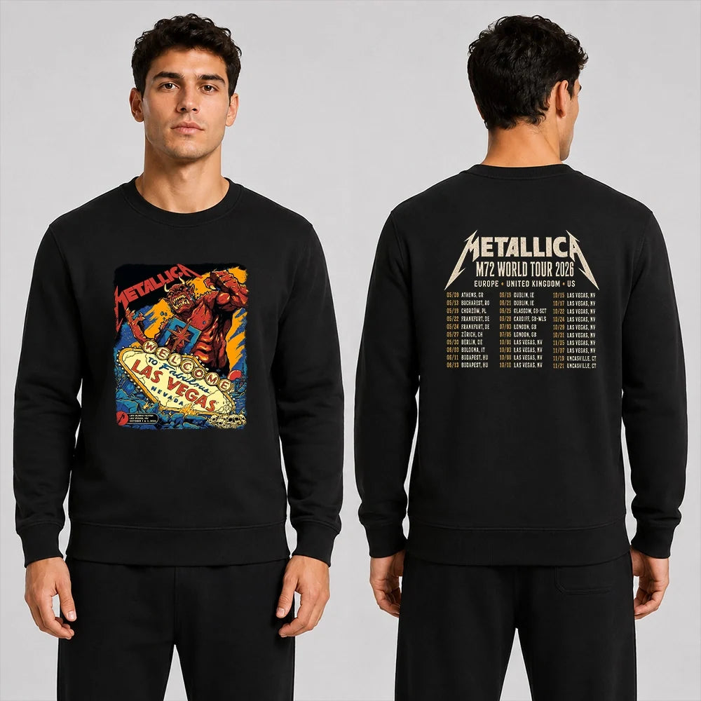 Metallica Life Burns Faster October 1 and 3 2026 Sphere Las Vegas Nevada United States 2 side T-shirt by Puis Calzada featuring a giant red demon destroying the Welcome to Fabulous Las Vegas sign amid rubble, flames and skulls with event-inspired back print.