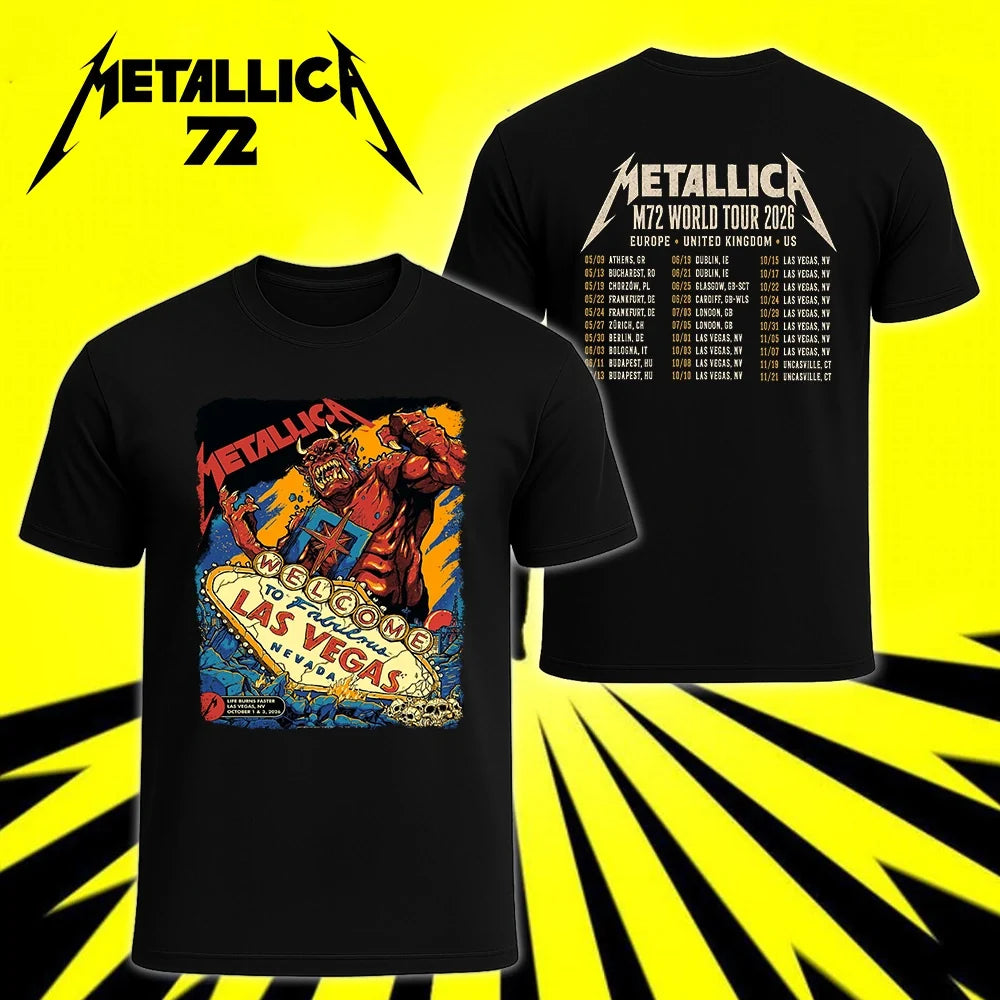 Metallica Life Burns Faster October 1 and 3 2026 Sphere Las Vegas Nevada United States 2 side T-shirt by Puis Calzada featuring a giant red demon destroying the Welcome to Fabulous Las Vegas sign amid rubble, flames and skulls with event-inspired back print.
