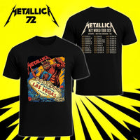 Metallica Life Burns Faster October 1 and 3 2026 Sphere Las Vegas Nevada United States 2 side T-shirt by Puis Calzada featuring a giant red demon destroying the Welcome to Fabulous Las Vegas sign amid rubble, flames and skulls with event-inspired back print.