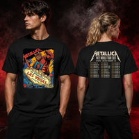 Metallica Life Burns Faster October 1 and 3 2026 Sphere Las Vegas Nevada United States 2 side T-shirt by Puis Calzada featuring a giant red demon destroying the Welcome to Fabulous Las Vegas sign amid rubble, flames and skulls with event-inspired back print.