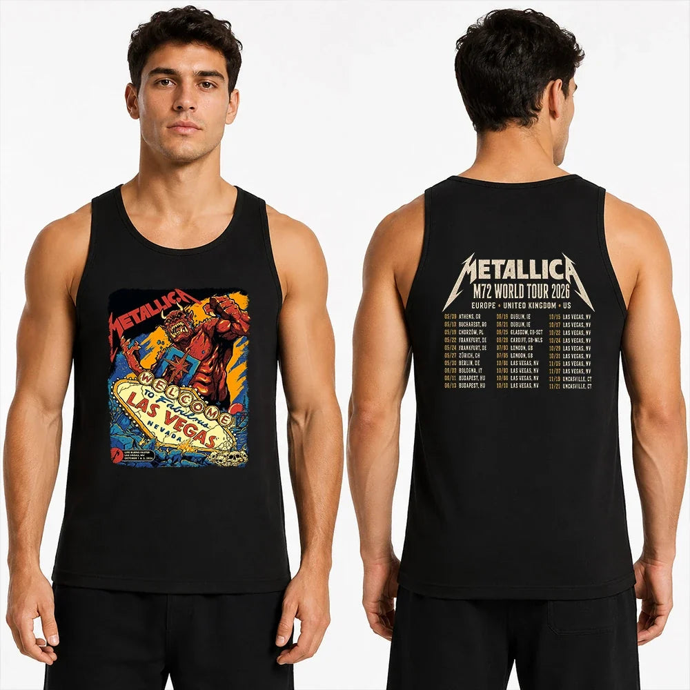 Metallica Life Burns Faster October 1 and 3 2026 Sphere Las Vegas Nevada United States 2 side T-shirt by Puis Calzada featuring a giant red demon destroying the Welcome to Fabulous Las Vegas sign amid rubble, flames and skulls with event-inspired back print.