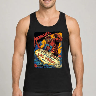 Metallica Life Burns Faster October 1 and 3 2026 Sphere Las Vegas Nevada United States T-shirt by Puis Calzada featuring a giant red demon destroying the Welcome to Fabulous Las Vegas sign amid rubble, flames and skulls.