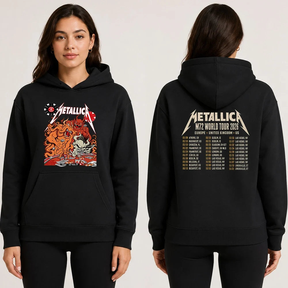 Metallica Life Burns Faster October 8 2026 Sphere Las Vegas United States 2 Side T-Shirt featuring casino demons, orange tentacles, poker chips, playing cards and skull artwork with a Metallica tour-inspired back print.