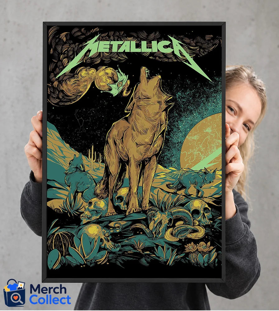 Metallica Life Burns Faster October 22 2026 Sphere Las Vegas Poster Canvas featuring WolfSkullJack Howling Desert Wolf artwork with wolves, skulls, snake and desert scenery.