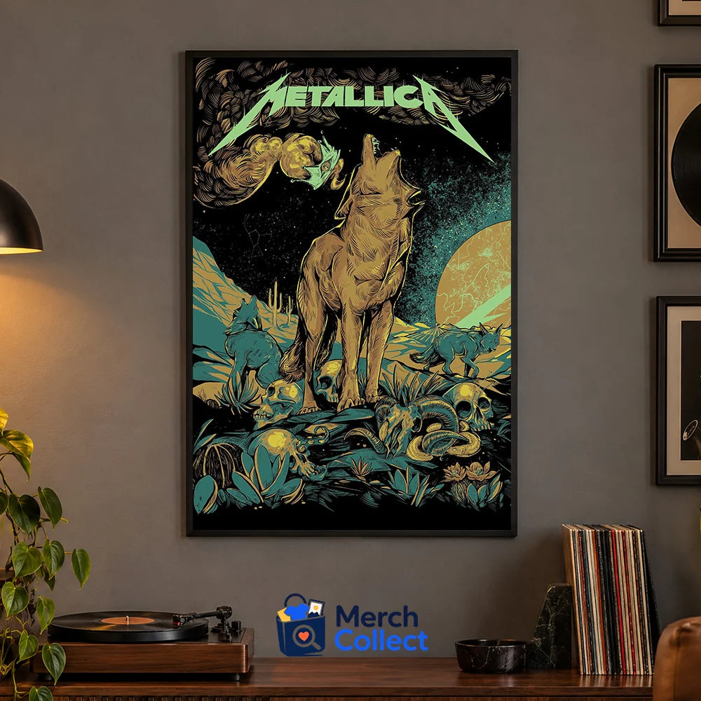 Metallica Life Burns Faster October 22 2026 Sphere Las Vegas Poster Canvas featuring WolfSkullJack Howling Desert Wolf artwork with wolves, skulls, snake and desert scenery.