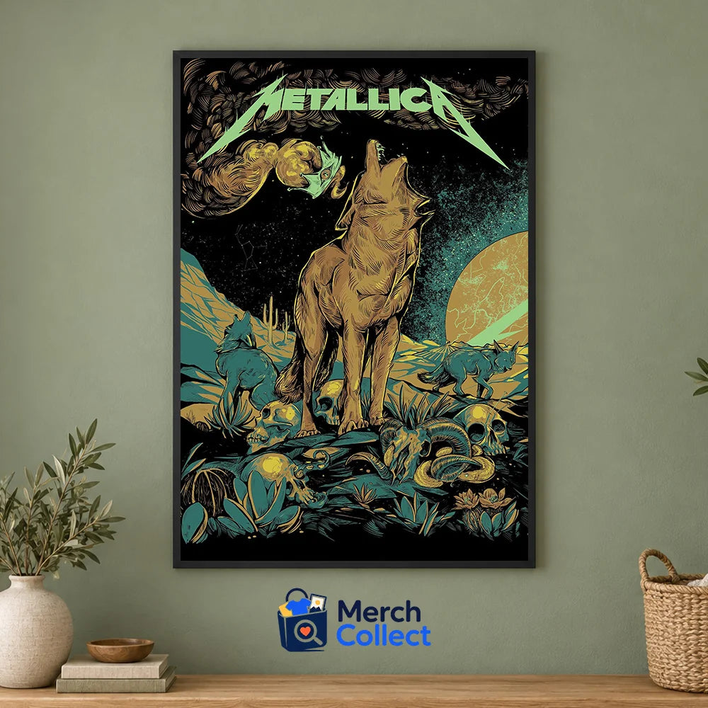 Metallica Life Burns Faster October 22 2026 Sphere Las Vegas Poster Canvas featuring WolfSkullJack Howling Desert Wolf artwork with wolves, skulls, snake and desert scenery.