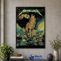 Metallica Life Burns Faster October 22 2026 Sphere Las Vegas Poster Canvas featuring WolfSkullJack Howling Desert Wolf artwork with wolves, skulls, snake and desert scenery.