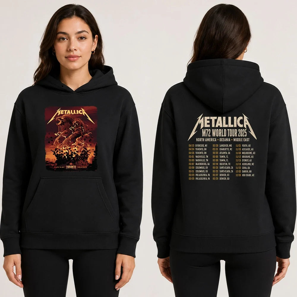 Metallica M72 World Tour April 26 2025 Rogers Centre Toronto Ontario Canada 2 side T-shirt by John Guydo featuring a roaring beast rising from shattered debris with flying rocks, fiery red-orange sky and M72 tour back print.