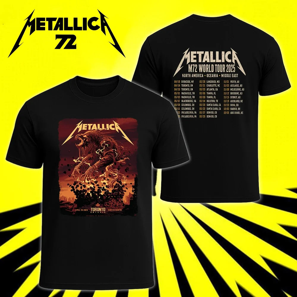 Metallica M72 World Tour April 26 2025 Rogers Centre Toronto Ontario Canada 2 side T-shirt by John Guydo featuring a roaring beast rising from shattered debris with flying rocks, fiery red-orange sky and M72 tour back print.