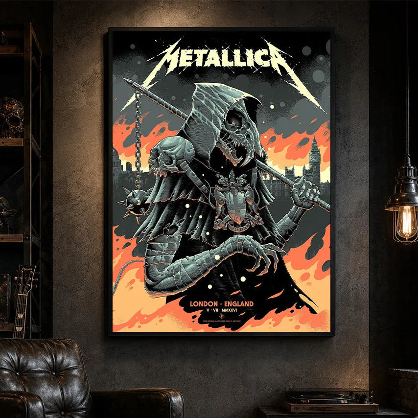 Metallica M72 World Tour July 5 2026 London Stadium London England poster canvas by Luke Preece showing an armored hooded reaper with skull face, spiked mace, pole weapon, Big Ben skyline, flames and London event text.