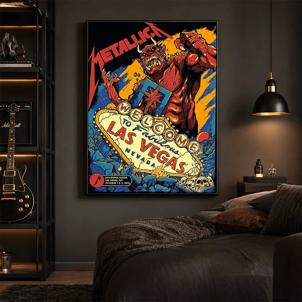 Metallica Life Burns Faster October 1 and 3 2026 Sphere Las Vegas Nevada United States poster canvas by Puis Calzada featuring a giant red demon destroying the Welcome to Fabulous Las Vegas sign amid rubble, flames and skulls.