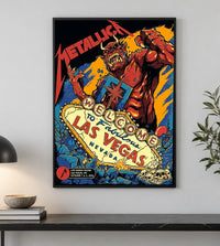 Metallica Life Burns Faster October 1 and 3 2026 Sphere Las Vegas Nevada United States poster canvas by Puis Calzada featuring a giant red demon destroying the Welcome to Fabulous Las Vegas sign amid rubble, flames and skulls.