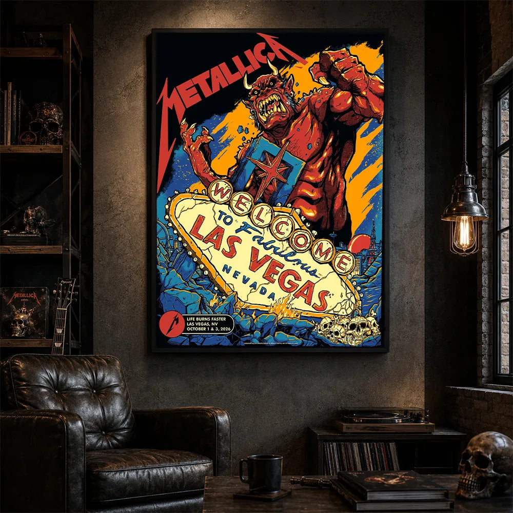 Metallica Life Burns Faster October 1 and 3 2026 Sphere Las Vegas Nevada United States poster canvas by Puis Calzada featuring a giant red demon destroying the Welcome to Fabulous Las Vegas sign amid rubble, flames and skulls.